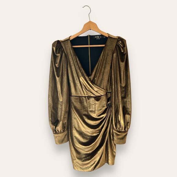 NWT PatBO Metallic Velvet Mini Dress V-Neck A-Line Gold Long Sleeve 2 Women’s - Picture 2 of 10